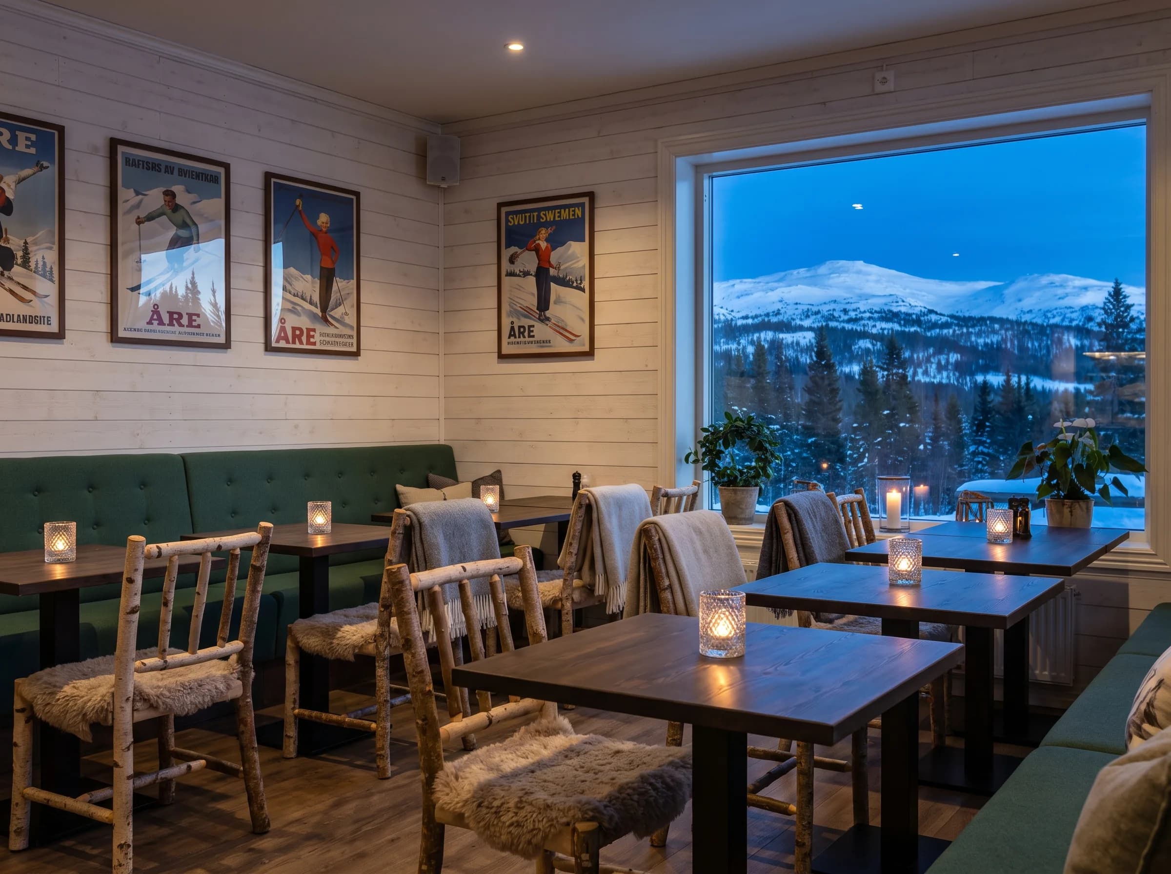 Matsalen med gröna soffor, björkstolar och utsikt mot fjället