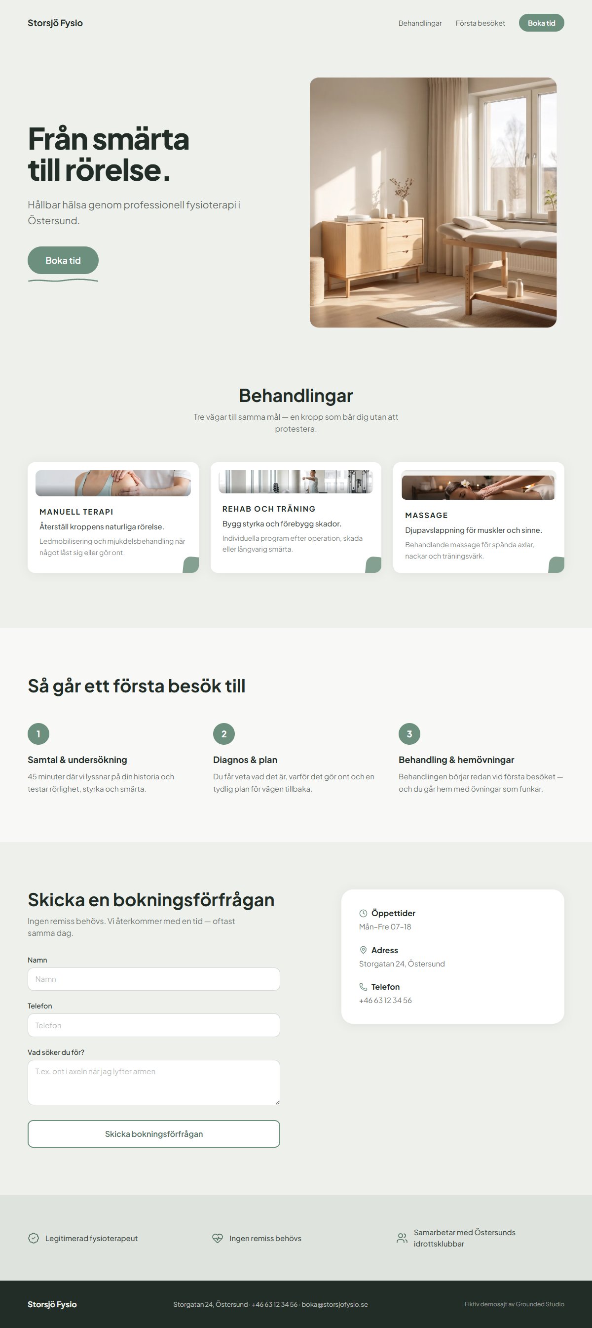 Skärmbild av demosajten för Storsjö Fysio